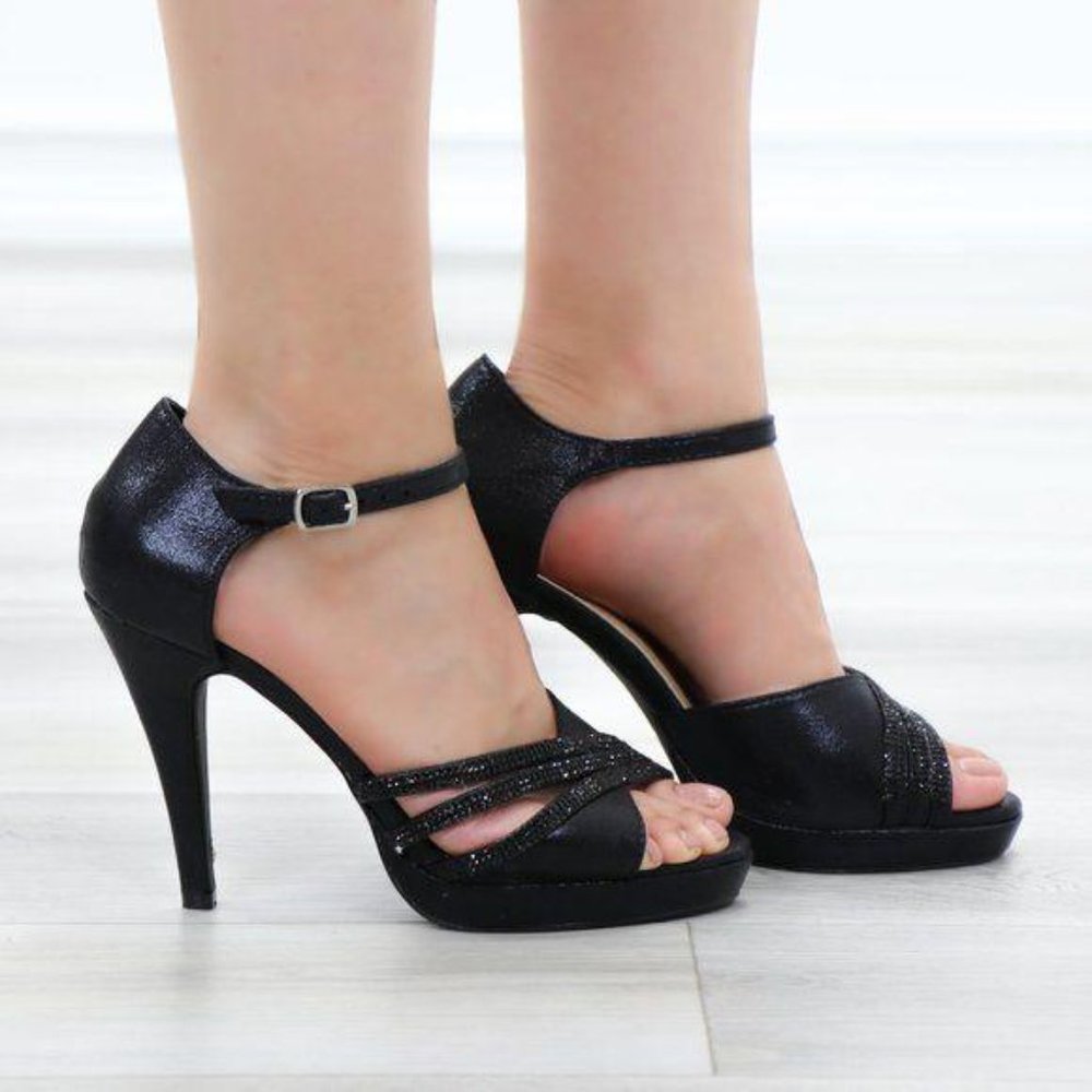 Shimmery Black Satin Platform Heeled Stiletto Sandal - Picture 10 of 11